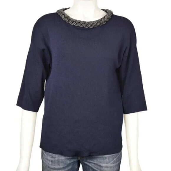 Zara Knit  Blue Sweater Silver Necklace Neckline Size Small - Picture 1 of 9